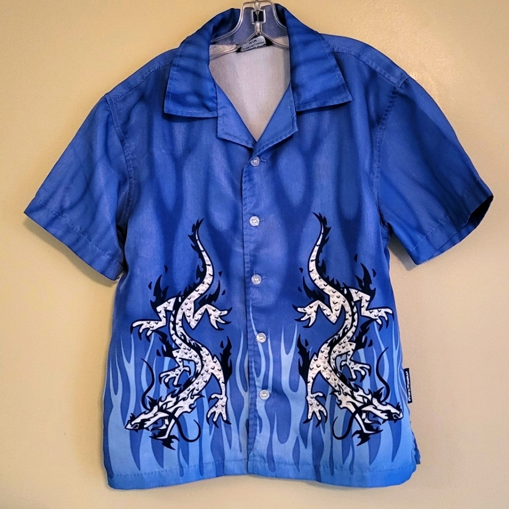 Blue Dragon print button down shirt